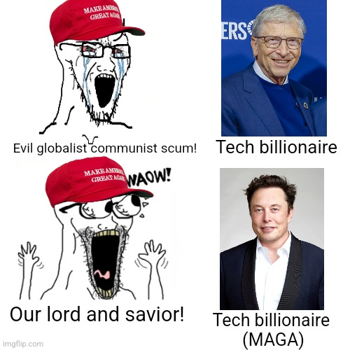 ALL Tech billionaires are evil, don't be naive enough to think one isn't just because they have the same politics as you | Tech billionaire; Evil globalist communist scum! Our lord and savior! Tech billionaire 
(MAGA) | image tagged in waow wojak,bill gates,elon musk,billionaires,big tech,conservative logic | made w/ Imgflip meme maker