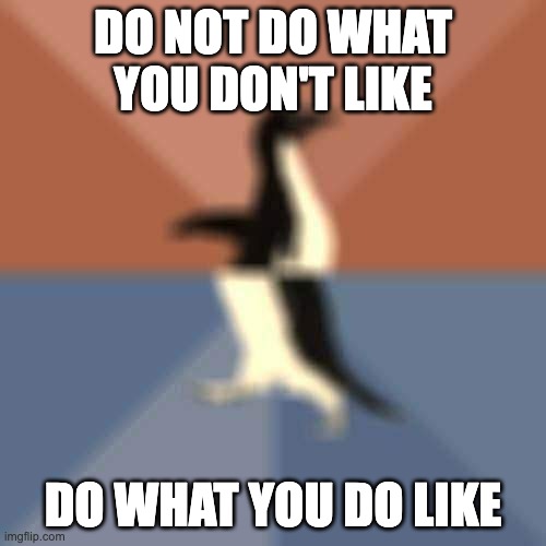 do-like | DO NOT DO WHAT YOU DON'T LIKE; DO WHAT YOU DO LIKE | image tagged in memes,socially awesome awkward penguin | made w/ Imgflip meme maker