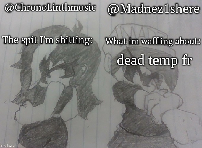 Madnez and Chronolinth shared announcement | dead temp fr | image tagged in madnez and chronolinth shared announcement | made w/ Imgflip meme maker