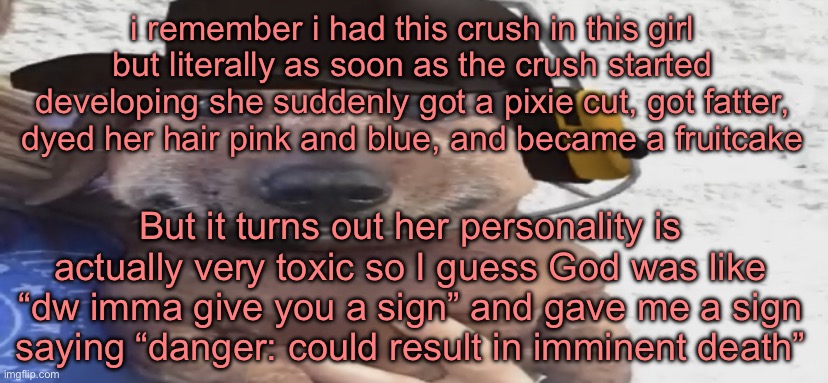 chucklenuts | i remember i had this crush in this girl but literally as soon as the crush started developing she suddenly got a pixie cut, got fatter, dyed her hair pink and blue, and became a fruitcake; But it turns out her personality is actually very toxic so I guess God was like “dw imma give you a sign” and gave me a sign saying “danger: could result in imminent death” | image tagged in chucklenuts | made w/ Imgflip meme maker