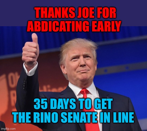 Biden allows President Trump to get started early | THANKS JOE FOR ABDICATING EARLY; 35 DAYS TO GET THE RINO SENATE IN LINE | image tagged in donald trump,democrats,president trump,trump administration | made w/ Imgflip meme maker