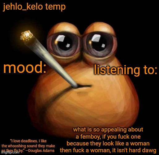 jehlo kelo temp | what is so appealing about a femboy, if you fuck one because they look like a woman then fuck a woman, it isn't hard dawg | image tagged in jehlo kelo temp | made w/ Imgflip meme maker