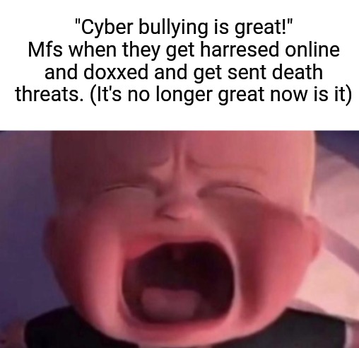 boss baby crying | "Cyber bullying is great!" Mfs when they get harresed online and doxxed and get sent death threats. (It's no longer great now is it) | image tagged in boss baby crying | made w/ Imgflip meme maker