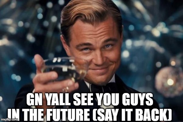 gn chat | GN YALL SEE YOU GUYS IN THE FUTURE (SAY IT BACK) | image tagged in memes,leonardo dicaprio cheers | made w/ Imgflip meme maker