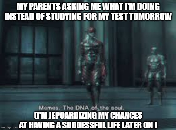 Btw guys I'm making this while at my internship, how cooked am I | MY PARENTS ASKING ME WHAT I'M DOING INSTEAD OF STUDYING FOR MY TEST TOMORROW; (I'M JEPOARDIZING MY CHANCES AT HAVING A SUCCESSFUL LIFE LATER ON ) | image tagged in studying,procrastination | made w/ Imgflip meme maker