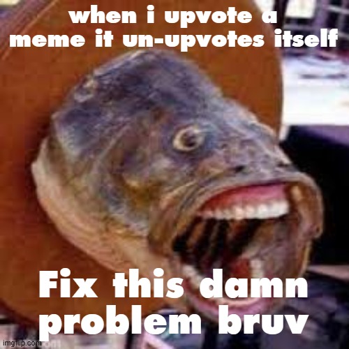 Pogfish | when i upvote a meme it un-upvotes itself; Fix this damn problem bruv | image tagged in pogfish | made w/ Imgflip meme maker