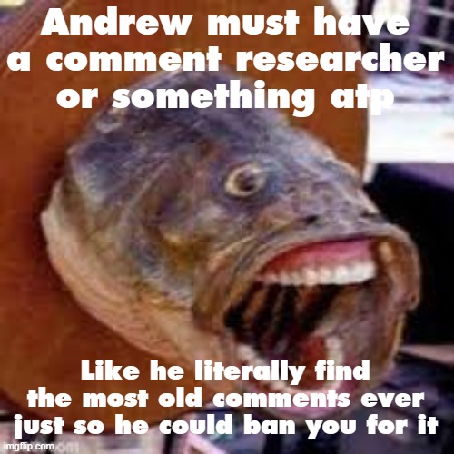 Pogfish | Andrew must have a comment researcher or something atp; Like he literally find the most old comments ever just so he could ban you for it | image tagged in pogfish | made w/ Imgflip meme maker