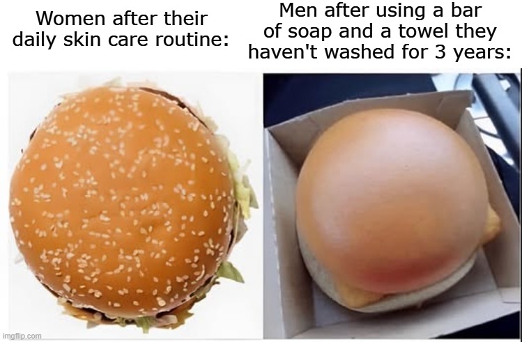 Wash your towels! | Men after using a bar of soap and a towel they haven't washed for 3 years:; Women after their daily skin care routine: | image tagged in whamen,men | made w/ Imgflip meme maker