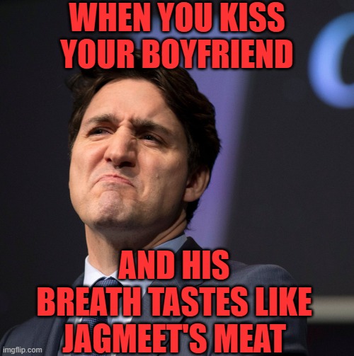 Why does he know what Jagmeet's meat tastes like? | WHEN YOU KISS YOUR BOYFRIEND; AND HIS BREATH TASTES LIKE JAGMEET'S MEAT | image tagged in justine trudeau scowl,jagmeet singh,justin trudeau crying,trudeau,meanwhile in canada | made w/ Imgflip meme maker