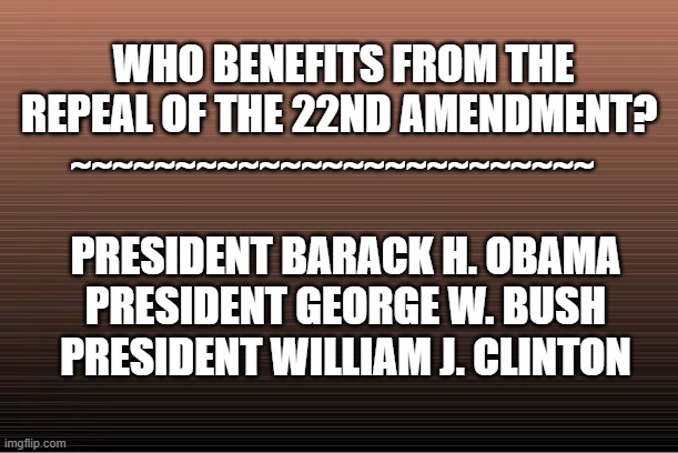 22nd Amendment | WHO BENEFITS FROM THE REPEAL OF THE 22ND AMENDMENT? ~~~~~~~~~~~~~~~~~~~~~~~~~; PRESIDENT BARACK H. OBAMA
PRESIDENT GEORGE W. BUSH
PRESIDENT WILLIAM J. CLINTON | image tagged in 22nd amendment,amendment,barack obama,president,third term | made w/ Imgflip meme maker