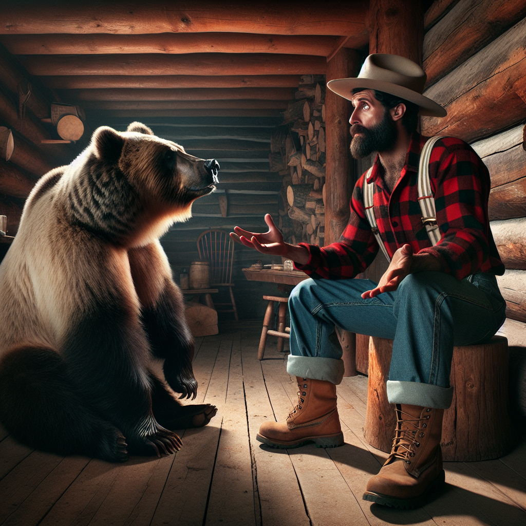 Canadian lumberjack sits in cabin with grizzly bear explaining s Blank Meme Template