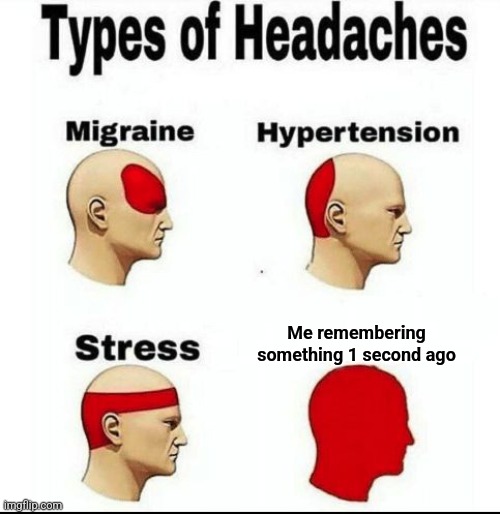 E | Me remembering something 1 second ago | image tagged in types of headaches meme | made w/ Imgflip meme maker