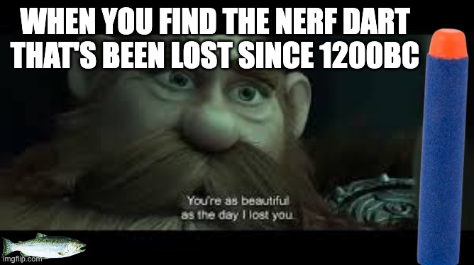 It always end up getting lost again somehow ? | WHEN YOU FIND THE NERF DART THAT'S BEEN LOST SINCE 1200BC | image tagged in you're as beautiful as the day i lost you | made w/ Imgflip meme maker