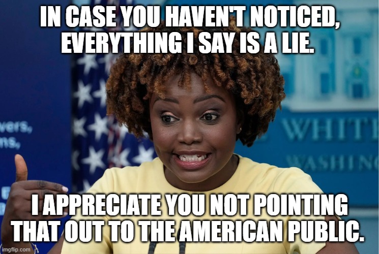 Karine Jean-Pierre | IN CASE YOU HAVEN'T NOTICED, EVERYTHING I SAY IS A LIE. I APPRECIATE YOU NOT POINTING THAT OUT TO THE AMERICAN PUBLIC. | image tagged in karine jean-pierre | made w/ Imgflip meme maker