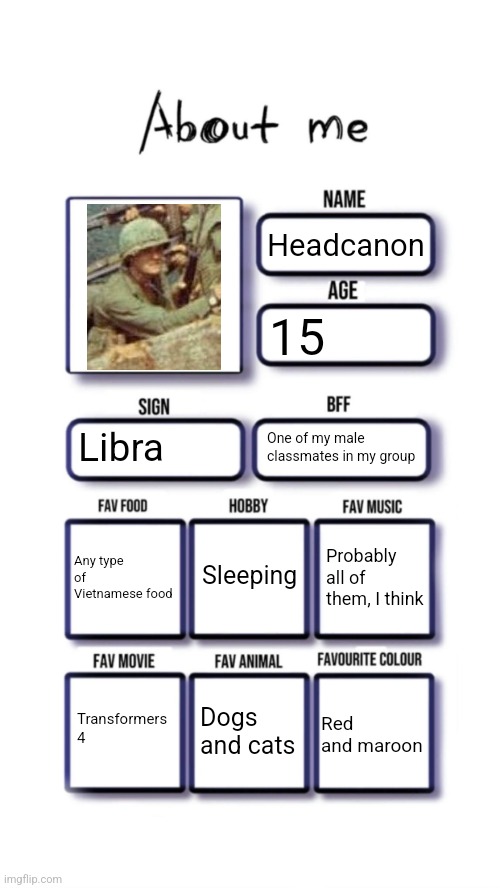 That's me | Headcanon; 15; Libra; One of my male classmates in my group; Sleeping; Any type of Vietnamese food; Probably all of them, I think; Red and maroon; Transformers 4; Dogs and cats | image tagged in about me,msmg,memes,information | made w/ Imgflip meme maker