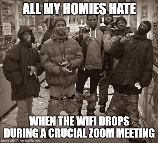 Zoom | ALL MY HOMIES HATE; WHEN THE WIFI DROPS DURING A CRUCIAL ZOOM MEETING | image tagged in all my homies hate | made w/ Imgflip meme maker