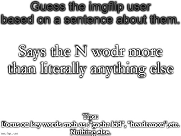 Guess the imgflip user based on a sentence about them | Says the N wodr more than literally anything else | image tagged in guess the imgflip user based on a sentence about them | made w/ Imgflip meme maker