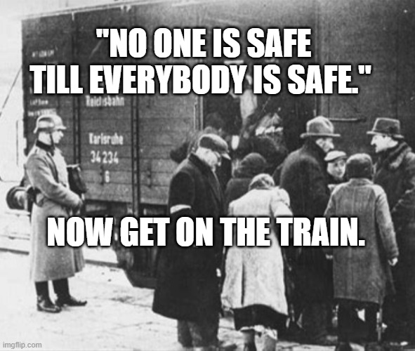 WW2 train car holocaust | "NO ONE IS SAFE TILL EVERYBODY IS SAFE."; NOW GET ON THE TRAIN. | image tagged in ww2 train car holocaust | made w/ Imgflip meme maker