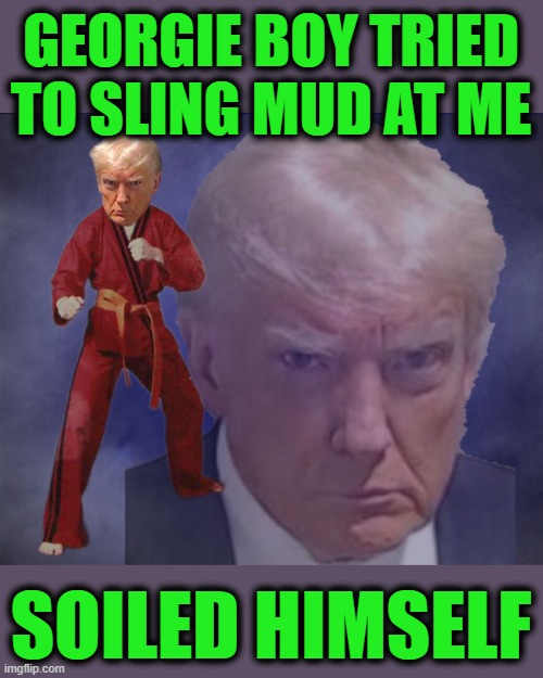 Defamation Settlement | GEORGIE BOY TRIED TO SLING MUD AT ME; SOILED HIMSELF | image tagged in karate trump | made w/ Imgflip meme maker