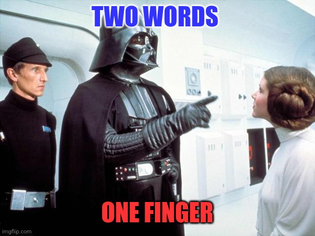 Finger | TWO WORDS; ONE FINGER | image tagged in darth vader,funny memes | made w/ Imgflip meme maker