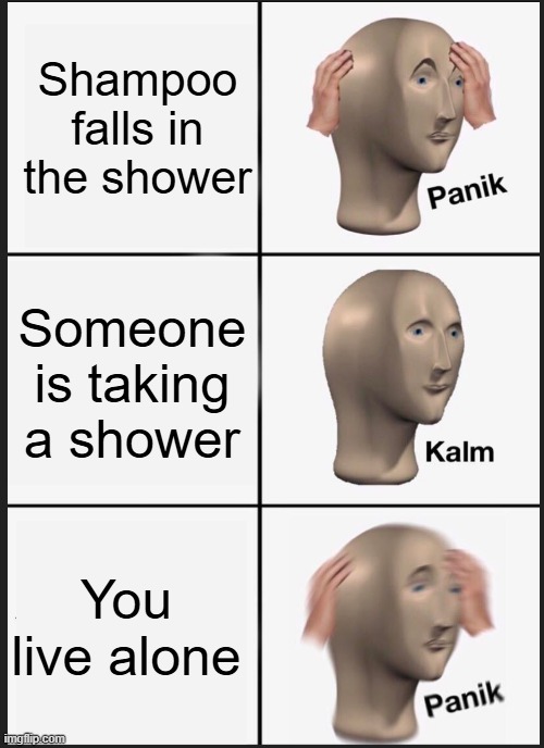 a random meme i made | Shampoo falls in the shower; Someone is taking a shower; You live alone | image tagged in panik calm panik | made w/ Imgflip meme maker