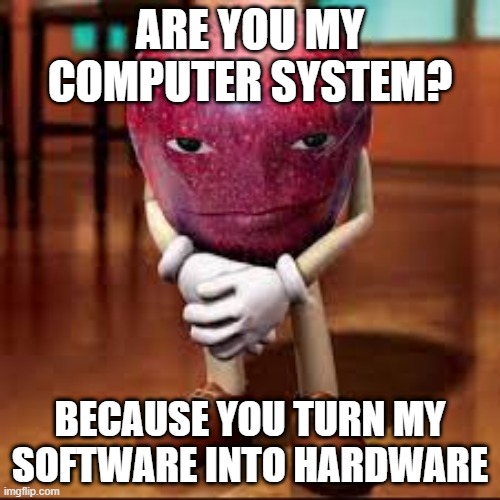 freaky rizz | ARE YOU MY COMPUTER SYSTEM? BECAUSE YOU TURN MY SOFTWARE INTO HARDWARE | image tagged in rizz apple | made w/ Imgflip meme maker