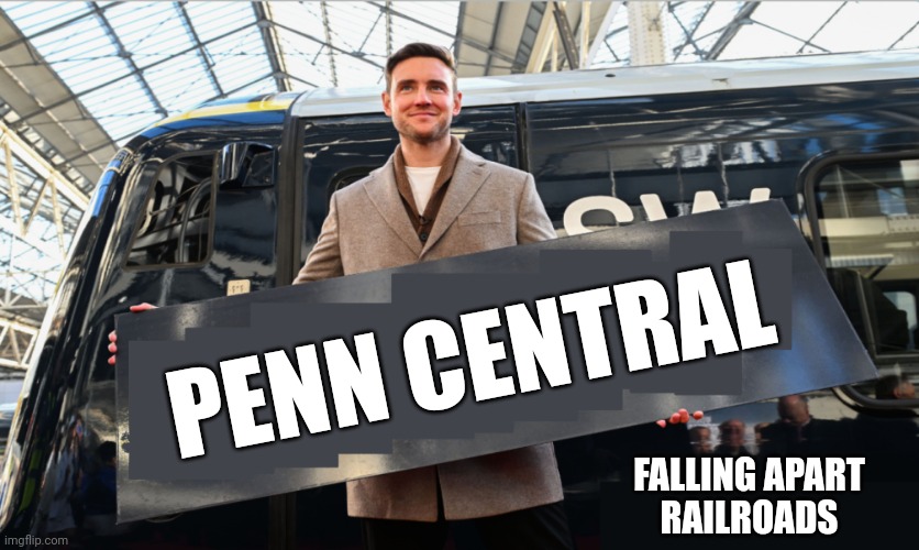 Huge shout-out to Claudialsaby for making this template! | PENN CENTRAL; FALLING APART
RAILROADS | image tagged in man holding sign,train,railroad,penn central,pennsylvania,new york central | made w/ Imgflip meme maker