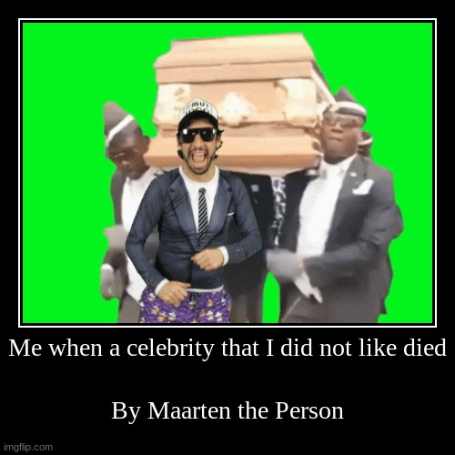 Maarten the Person with something else | Me when a celebrity that I did not like died | By Maarten the Person | image tagged in demotivationals | made w/ Imgflip demotivational maker