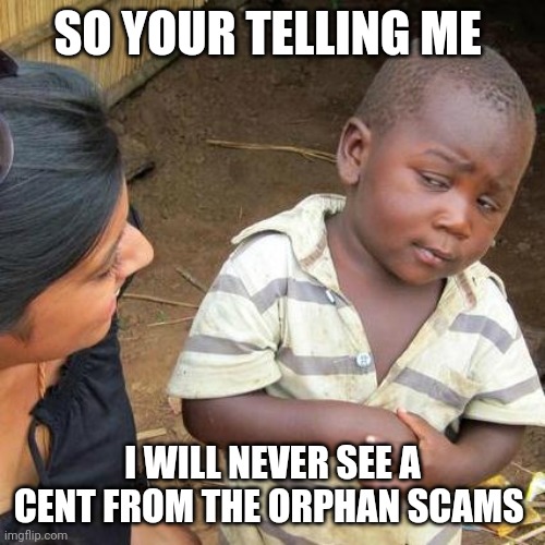 Third World Skeptical Kid Meme | SO YOUR TELLING ME; I WILL NEVER SEE A CENT FROM THE ORPHAN SCAMS | image tagged in memes,third world skeptical kid | made w/ Imgflip meme maker