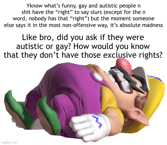 I wanted to vent about this for a hot minute, but seriously, I make a point (I’ll drop this now) | Yknow what’s funny, gay and autistic people n shit have the “right” to say slurs (except for the n word, nobody has that “right”) but the moment someone else says it in the most non-offensive way, it’s absolute madness; Like bro, did you ask if they were autistic or gay? How would you know that they don’t have those exclusive rights? | image tagged in dead wario | made w/ Imgflip meme maker