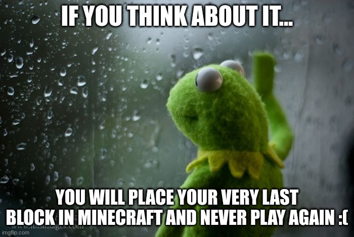 It's sad | IF YOU THINK ABOUT IT... YOU WILL PLACE YOUR VERY LAST BLOCK IN MINECRAFT AND NEVER PLAY AGAIN :( | image tagged in kermit window,minecraft | made w/ Imgflip meme maker