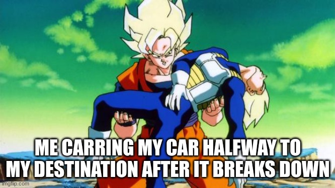 Goku holding vegeta | ME CARRYING MY CAR HALFWAY TO MY DESTINATION AFTER IT BREAKS DOWN | image tagged in goku holding vegeta | made w/ Imgflip meme maker