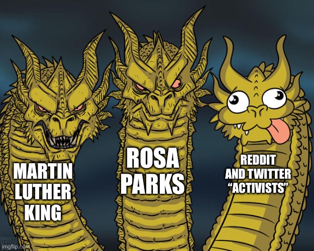 Three-headed Dragon | ROSA PARKS; REDDIT AND TWITTER “ACTIVISTS”; MARTIN LUTHER KING | image tagged in three-headed dragon | made w/ Imgflip meme maker