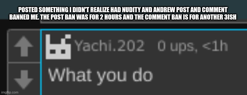 POSTED SOMETHING I DIDN'T REALIZE HAD NUDITY AND ANDREW POST AND COMMENT BANNED ME. THE POST BAN WAS FOR 2 HOURS AND THE COMMENT BAN IS FOR ANOTHER 3ISH | made w/ Imgflip meme maker