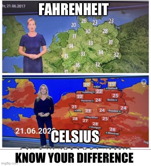 why can’t we just be normal? why must we have 30 degrees be so cold? | FAHRENHEIT; CELSIUS | image tagged in know your difference | made w/ Imgflip meme maker