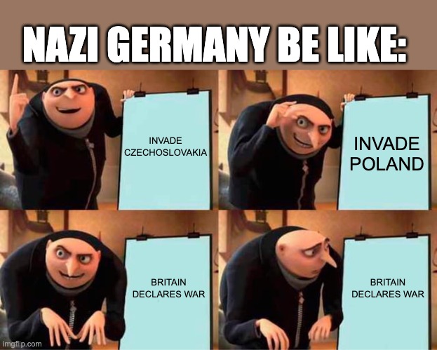 Gru's Plan | NAZI GERMANY BE LIKE:; INVADE CZECHOSLOVAKIA; INVADE POLAND; BRITAIN DECLARES WAR; BRITAIN DECLARES WAR | image tagged in memes,gru's plan,history memes | made w/ Imgflip meme maker