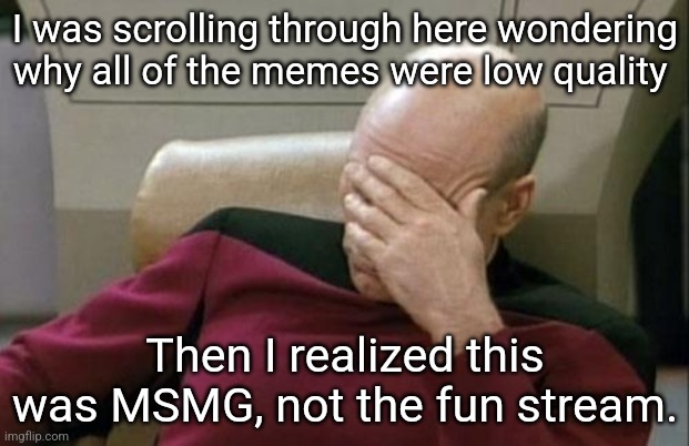 The sh*tpost stream | I was scrolling through here wondering why all of the memes were low quality; Then I realized this was MSMG, not the fun stream. | image tagged in memes,captain picard facepalm | made w/ Imgflip meme maker