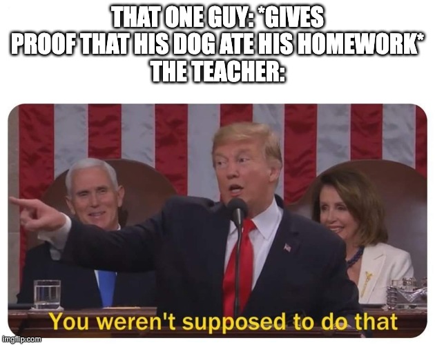 You weren't supposed to do that | THAT ONE GUY: *GIVES PROOF THAT HIS DOG ATE HIS HOMEWORK*
THE TEACHER: | image tagged in you weren't supposed to do that,memes,school memes | made w/ Imgflip meme maker