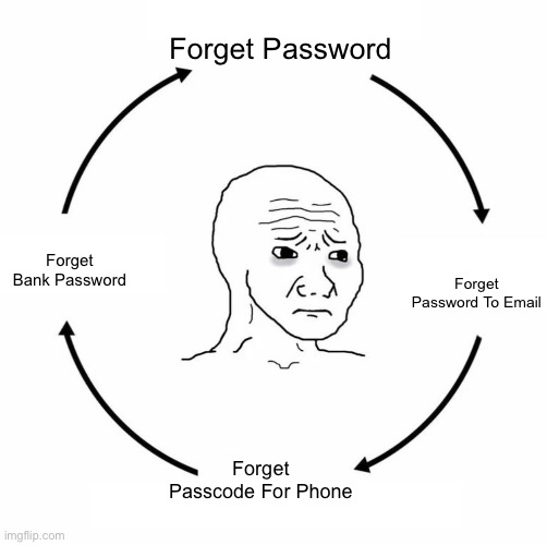 Bros account is cooked | Forget Password; Forget Password To Email; Forget Bank Password; Forget Passcode For Phone | image tagged in sad wojak cycle | made w/ Imgflip meme maker