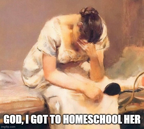 sad | GOD, I GOT TO HOMESCHOOL HER | image tagged in sad | made w/ Imgflip meme maker