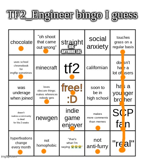 Bingo, ez | IDK ANYMORE LOL | image tagged in tf2_engineer's bingo | made w/ Imgflip meme maker