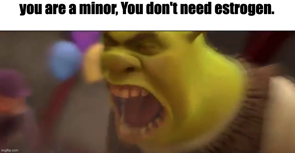 Shrek Screaming | you are a minor, You don't need estrogen. | image tagged in shrek screaming | made w/ Imgflip meme maker