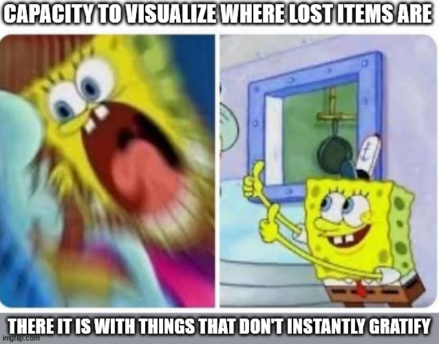 young again | CAPACITY TO VISUALIZE WHERE LOST ITEMS ARE; THERE IT IS WITH THINGS THAT DON'T INSTANTLY GRATIFY | image tagged in who took my- oh found it | made w/ Imgflip meme maker