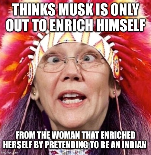 Hypocrite in action | THINKS MUSK IS ONLY OUT TO ENRICH HIMSELF; FROM THE WOMAN THAT ENRICHED HERSELF BY PRETENDING TO BE AN INDIAN | image tagged in elizabeth warren | made w/ Imgflip meme maker