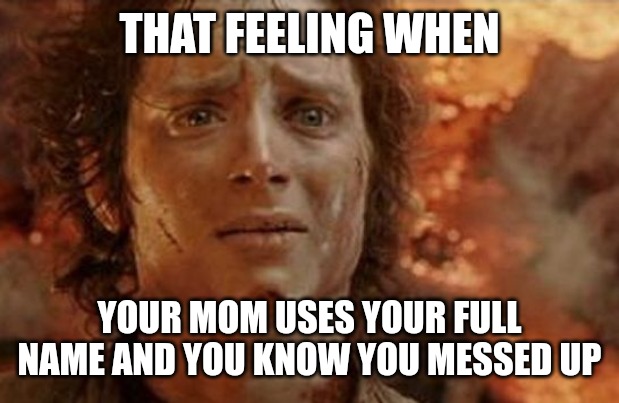 I feel my soul leaving my body | THAT FEELING WHEN; YOUR MOM USES YOUR FULL NAME AND YOU KNOW YOU MESSED UP | image tagged in frodo in mt doom,funny,funny memes,fun,mom,doom | made w/ Imgflip meme maker