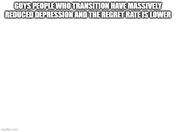 think what you will of it but saying that transition isnt good mentally is statistically disproven | GUYS PEOPLE WHO TRANSITION HAVE MASSIVELY REDUCED DEPRESSION AND THE REGRET RATE IS LOWER | made w/ Imgflip meme maker