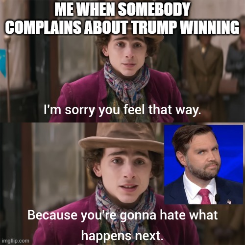 Vance 2028? | ME WHEN SOMEBODY COMPLAINS ABOUT TRUMP WINNING | image tagged in wonka you're gonna hate what happens next | made w/ Imgflip meme maker