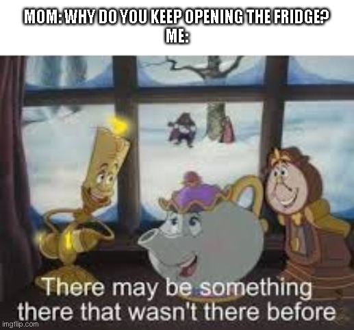 There may be something there that wasn't there before. | MOM: WHY DO YOU KEEP OPENING THE FRIDGE?
ME: | image tagged in there may be something there that wasn't there before | made w/ Imgflip meme maker