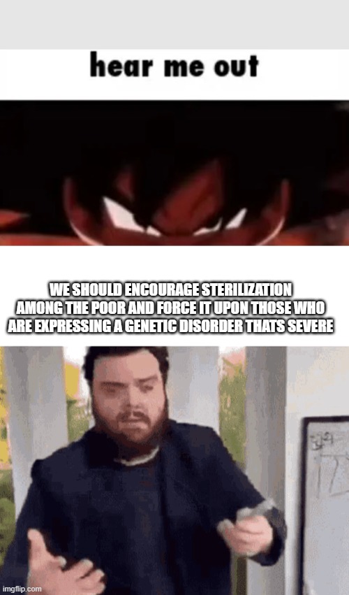 /j | WE SHOULD ENCOURAGE STERILIZATION AMONG THE POOR AND FORCE IT UPON THOSE WHO ARE EXPRESSING A GENETIC DISORDER THATS SEVERE | image tagged in hear me out,fast guy explaining | made w/ Imgflip meme maker