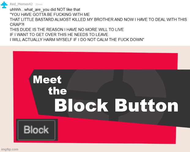 Jesus, what_are_you... it's not that deep, I'm at 1M, big deal! If you don't like it, block me! | image tagged in meet the block button | made w/ Imgflip meme maker